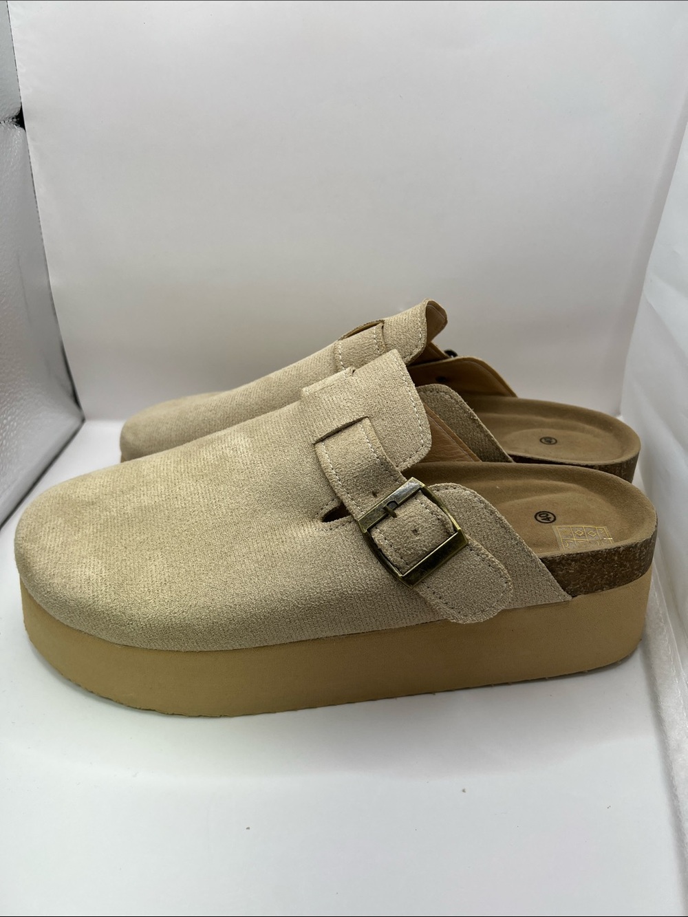 Neutral Suede-Look Platform Mule with Buckle Strap